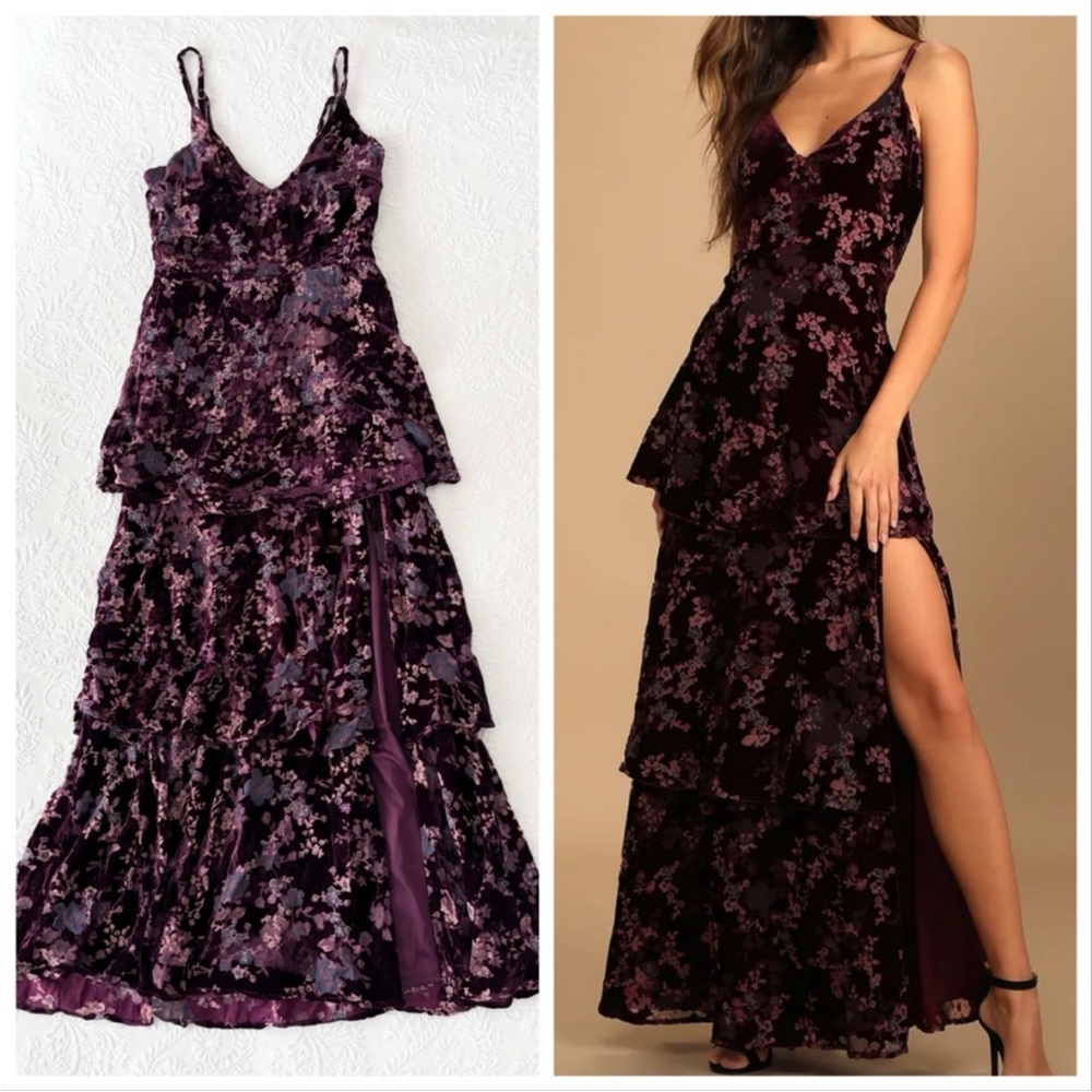 EUC Lulus I Love You Amore Plum Purple Floral Velvet Tiered Maxi Dress Large